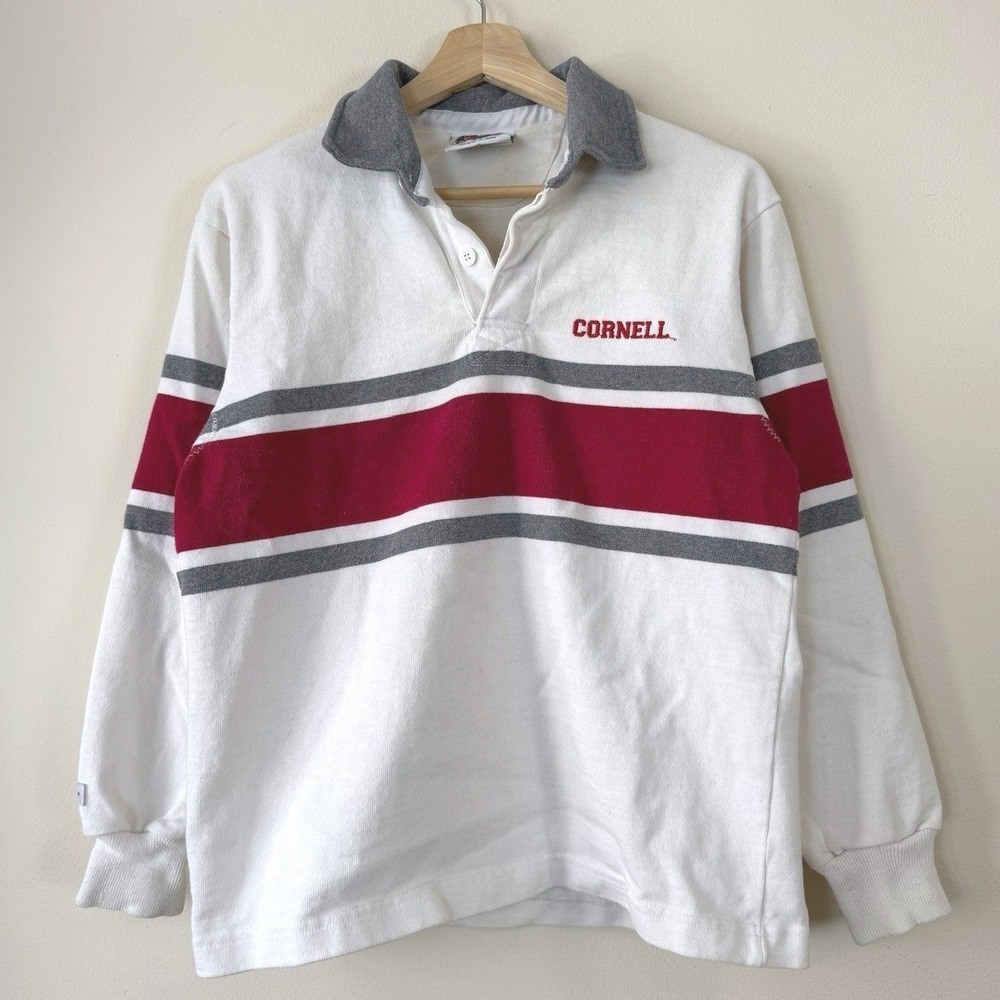 Vintage Cornell University Red Stripe Rugby Long Sleeve White Polo - XS